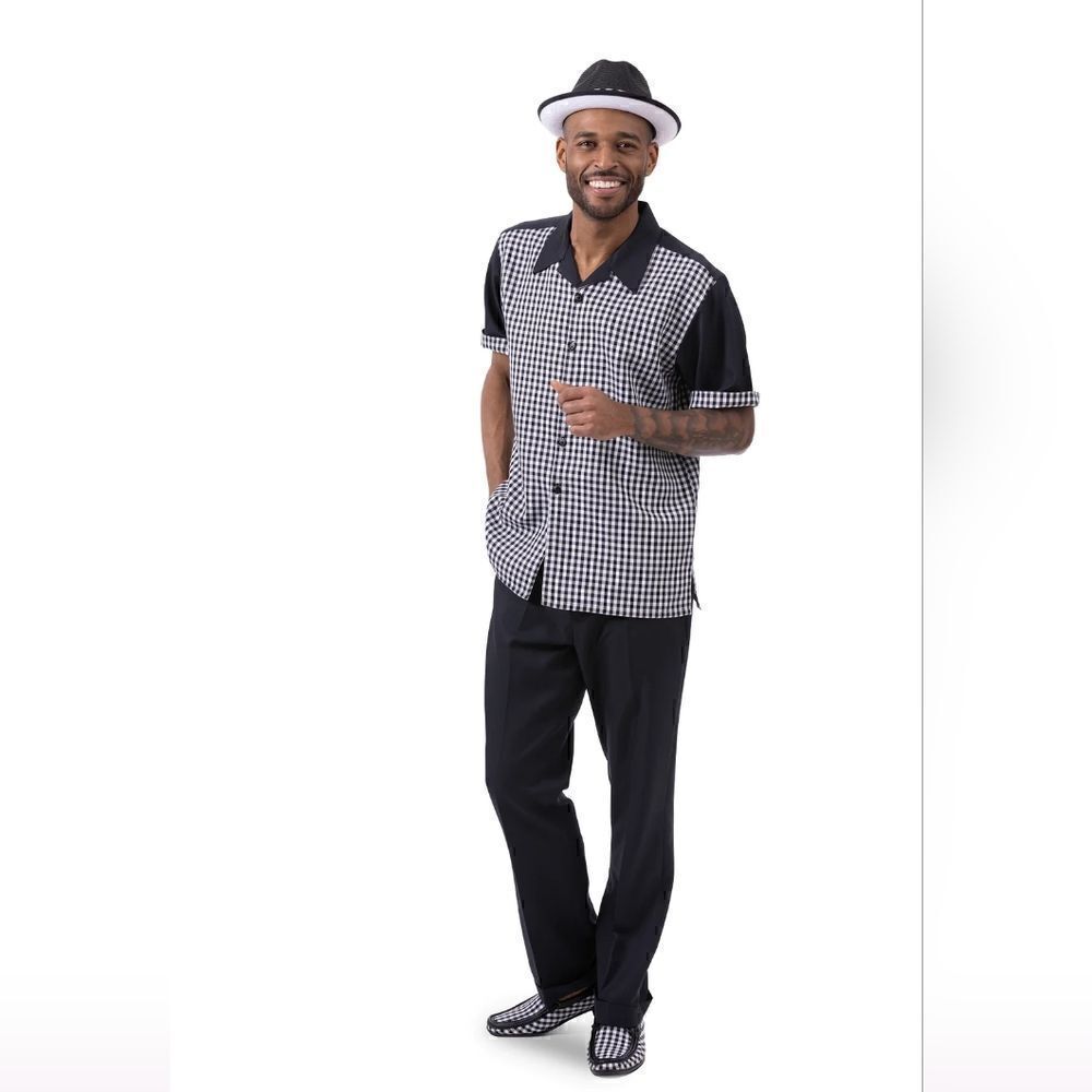 MEN'S MONTIQUE BLACK CHECKERED WALKING SUIT 2 PIECE SHORT SLEEVE SET. 2316